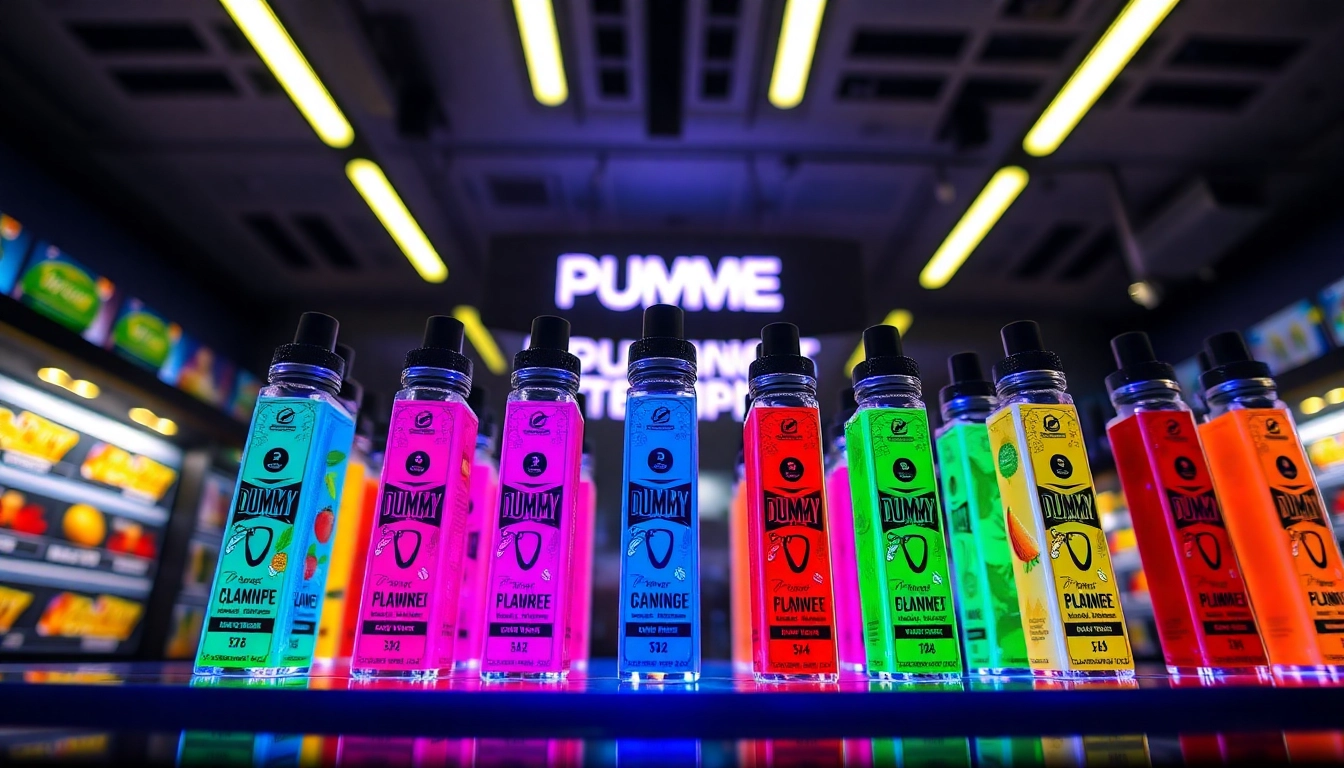 Showcase Dummy Vapes precio prominently with colorful e-liquid flavors displayed artistically.