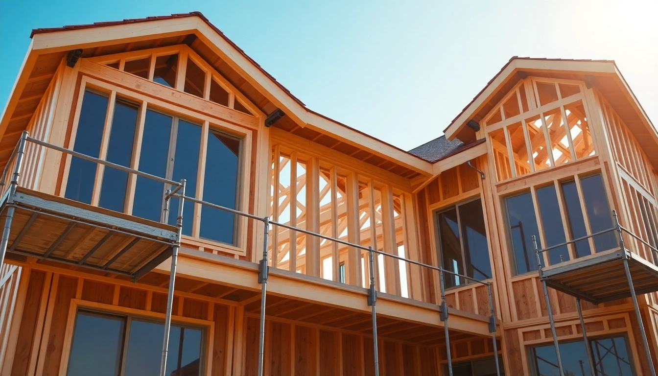 Showcase of new home construction near me featuring wooden framework and sunny skies.