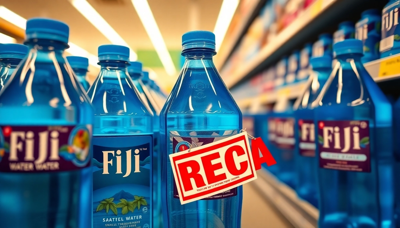 Highlight FDA recalls Fiji water with an image of affected bottles and recall notice in a grocery store.