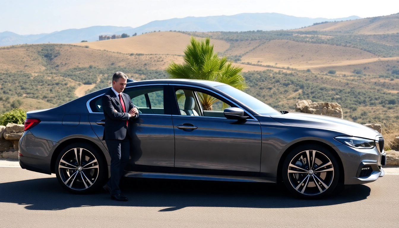 Experience a professional hire car with driver Messina in a luxurious sedan amidst a breathtaking Sicilian landscape.