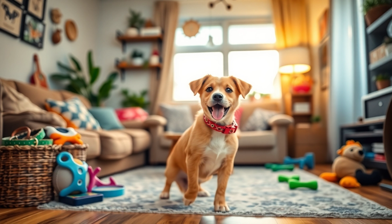 Showcasing pet accessories including vibrant collars and fun toys for pets in a modern living space.