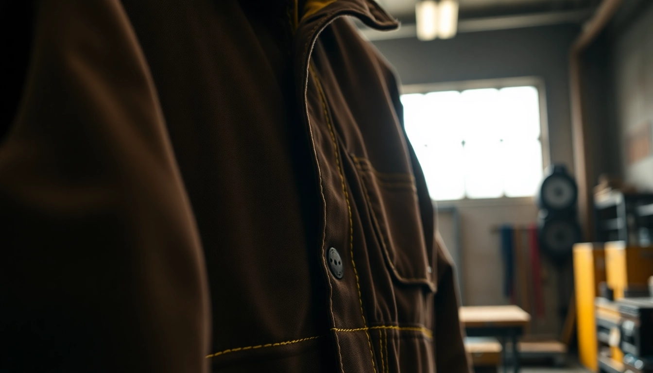 Showcase a welding jacket with flame-resistant features, highlighting its texture and safety design.