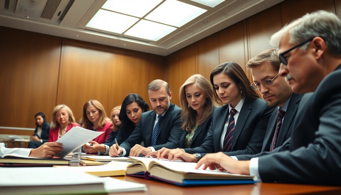 NEC lawsuit attorneys collaborating in a courtroom, analyzing case files with determination.