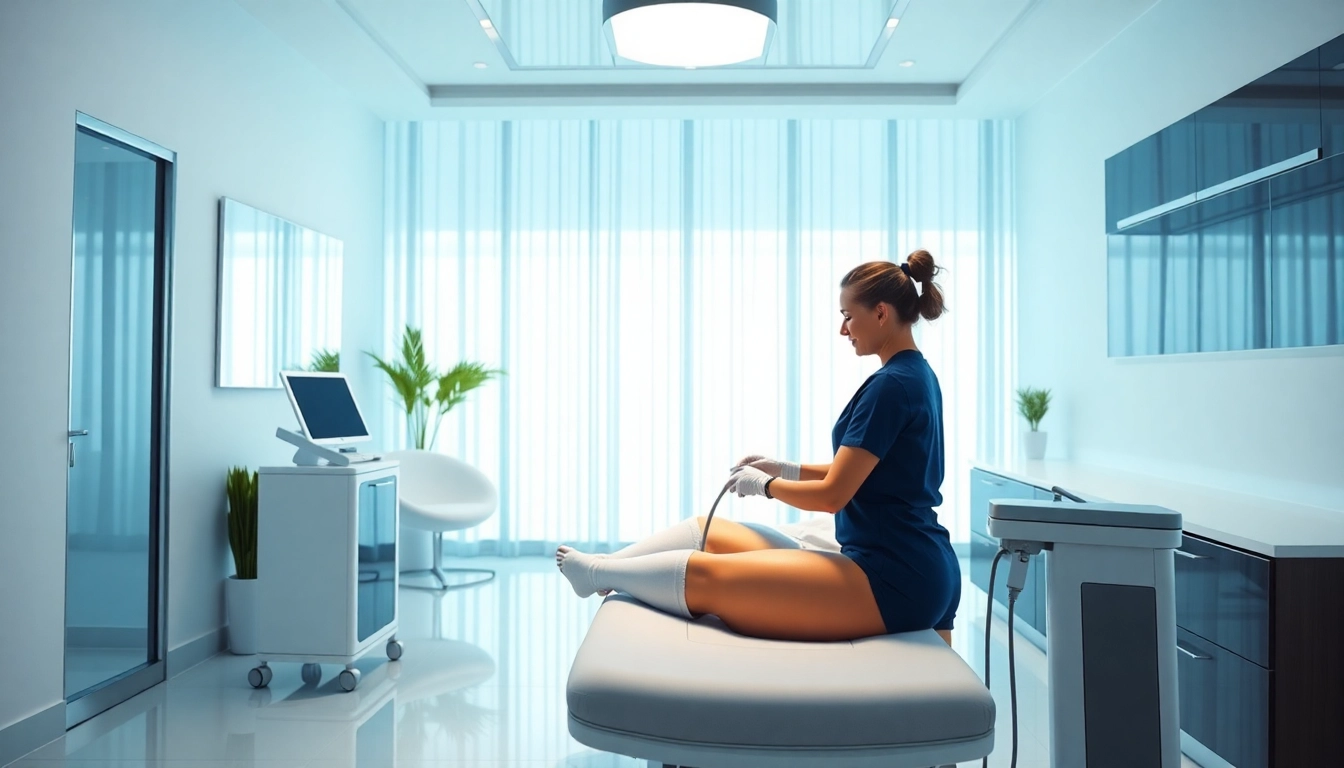 Patient experiencing noninvasive lipo in a calm clinic setting, showcasing advanced equipment and professional care.