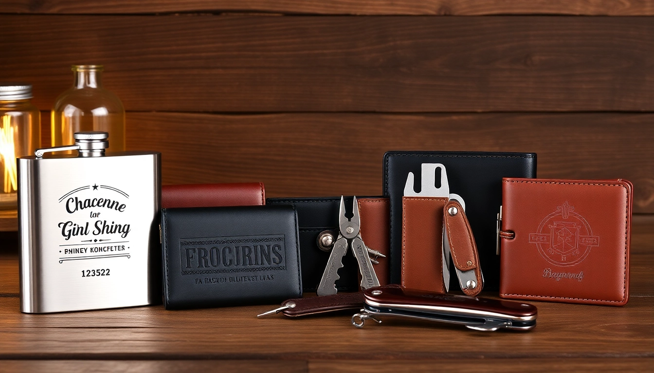 View various cheap groomsmen gifts like personalized flasks and wallets arranged creatively.