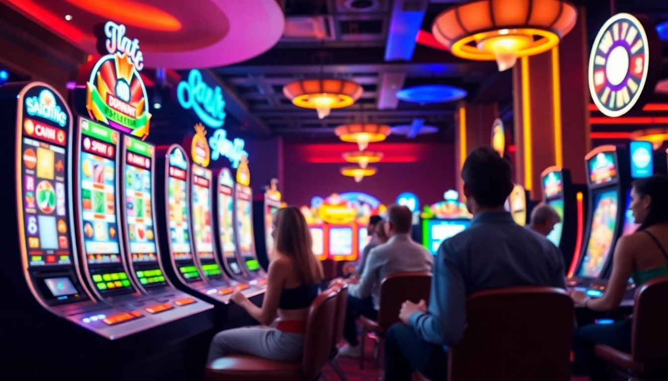 Players engaging in an exciting online casino game amidst bright slot machines and lively colors.