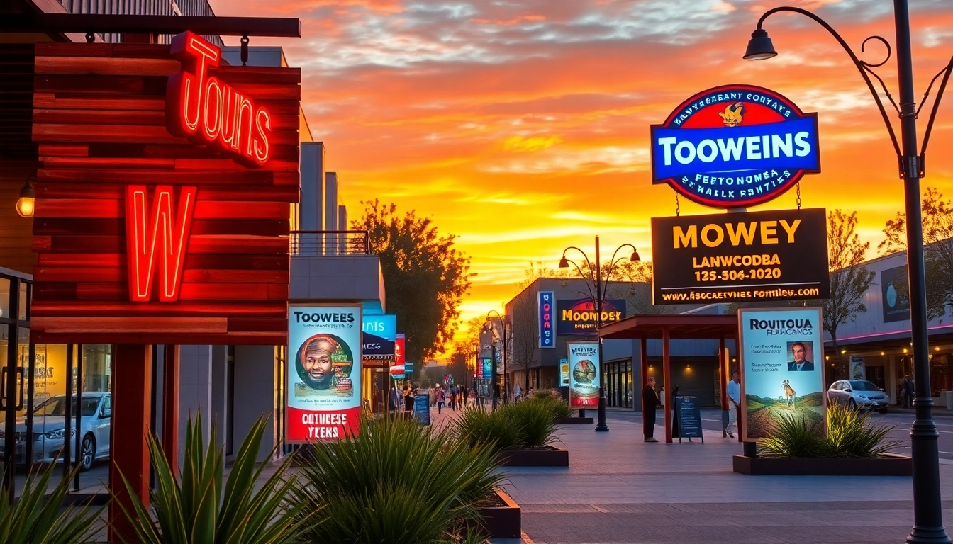 Eye-catching signs and lines in Toowoomba illuminate the city at sunset.