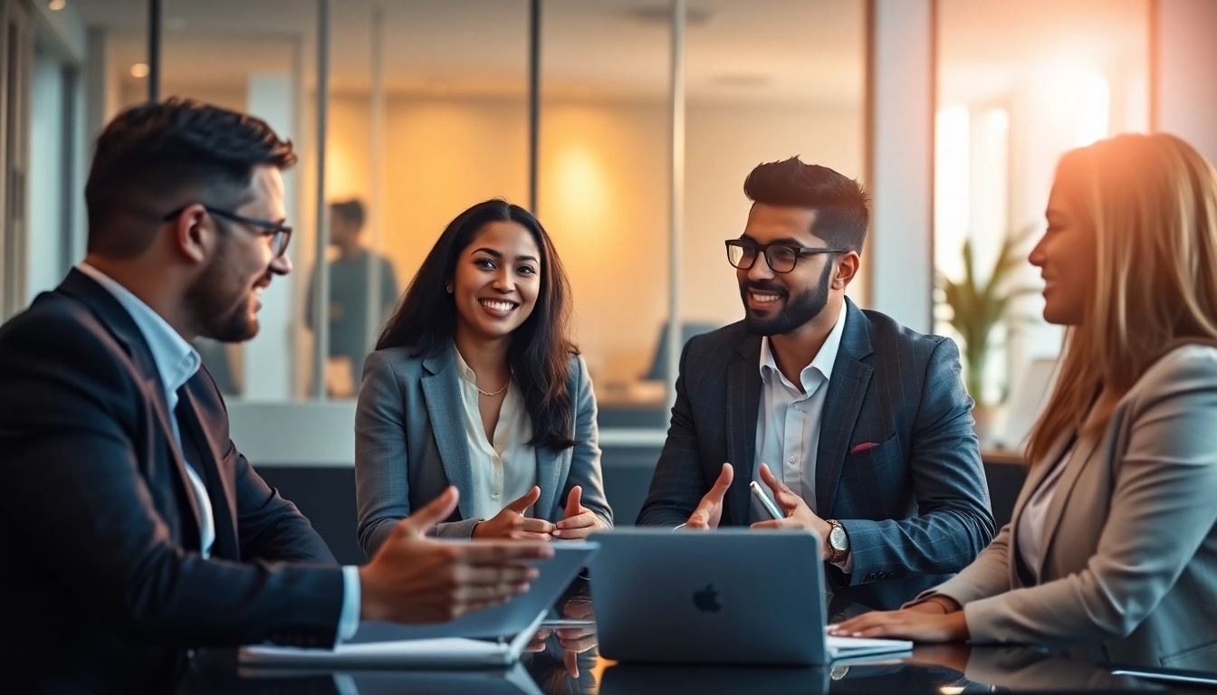 Professionals discussing outsourcing strategies in a modern office environment.