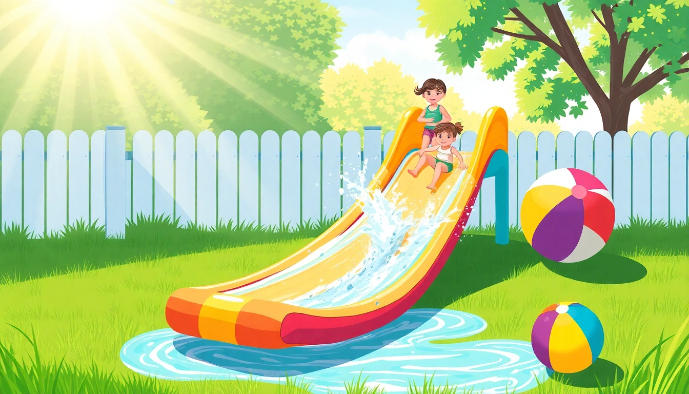 Children enjoying a fun day on the Slip a Slide, splashing water in a bright backyard setting.