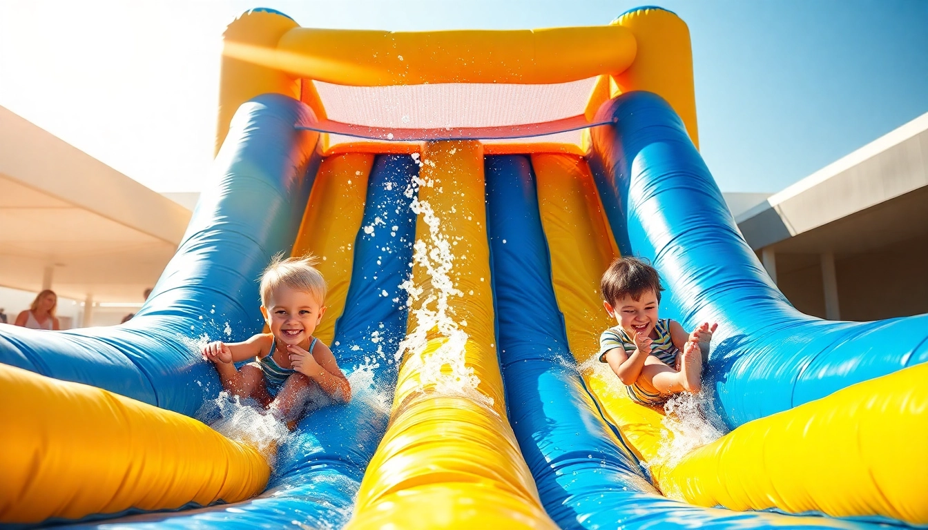 Children enjoying a fun slide rental at a vibrant outdoor party setup with bright colors.