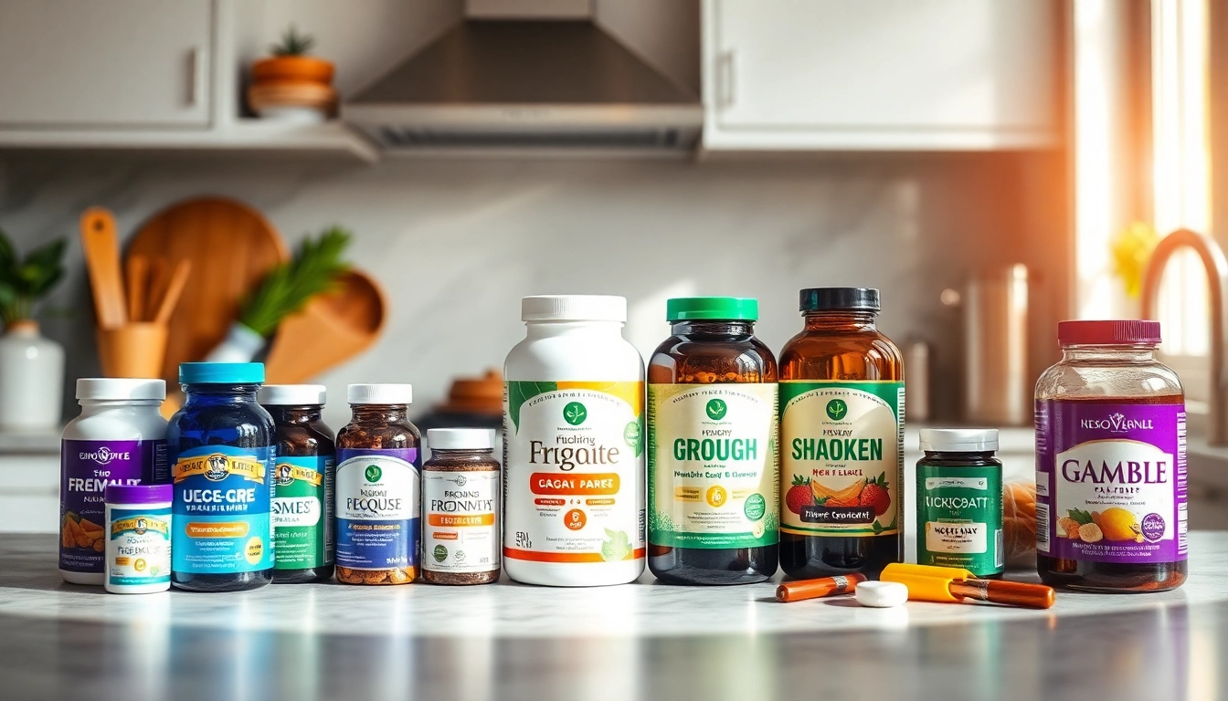 Showcase a variety of dietary supplements on a kitchen counter, highlighting health and wellness choices.