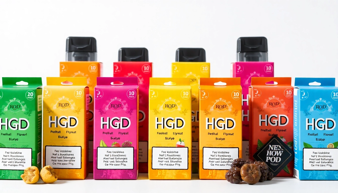 Showcase HQD Pods with vibrant packaging highlighting their full flavor variety for vaping enthusiasts.