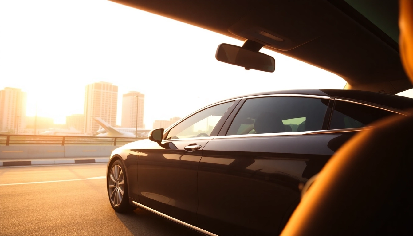 Experience luxury hire car with driver Accra in this sleek black sedan against a vibrant city backdrop.