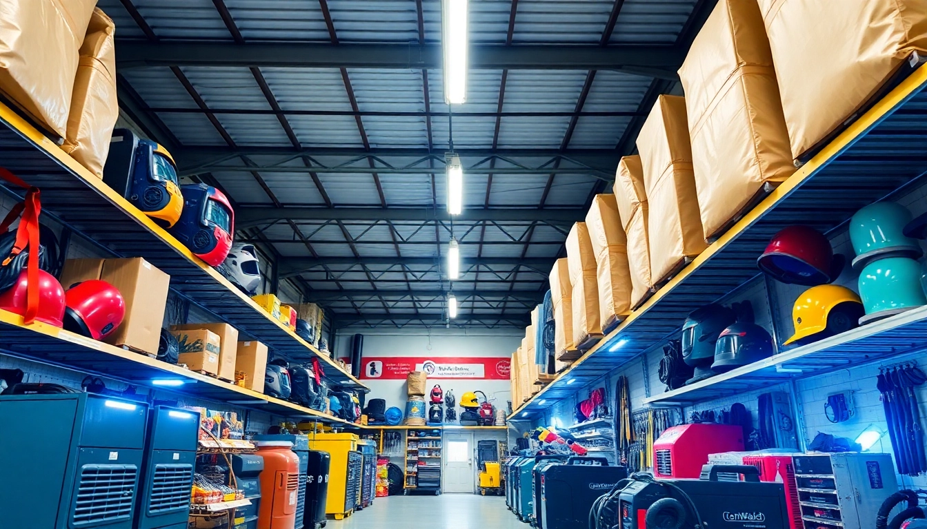 Browse a selection of essential welding supplies including machines and safety gear in a well-organized warehouse.