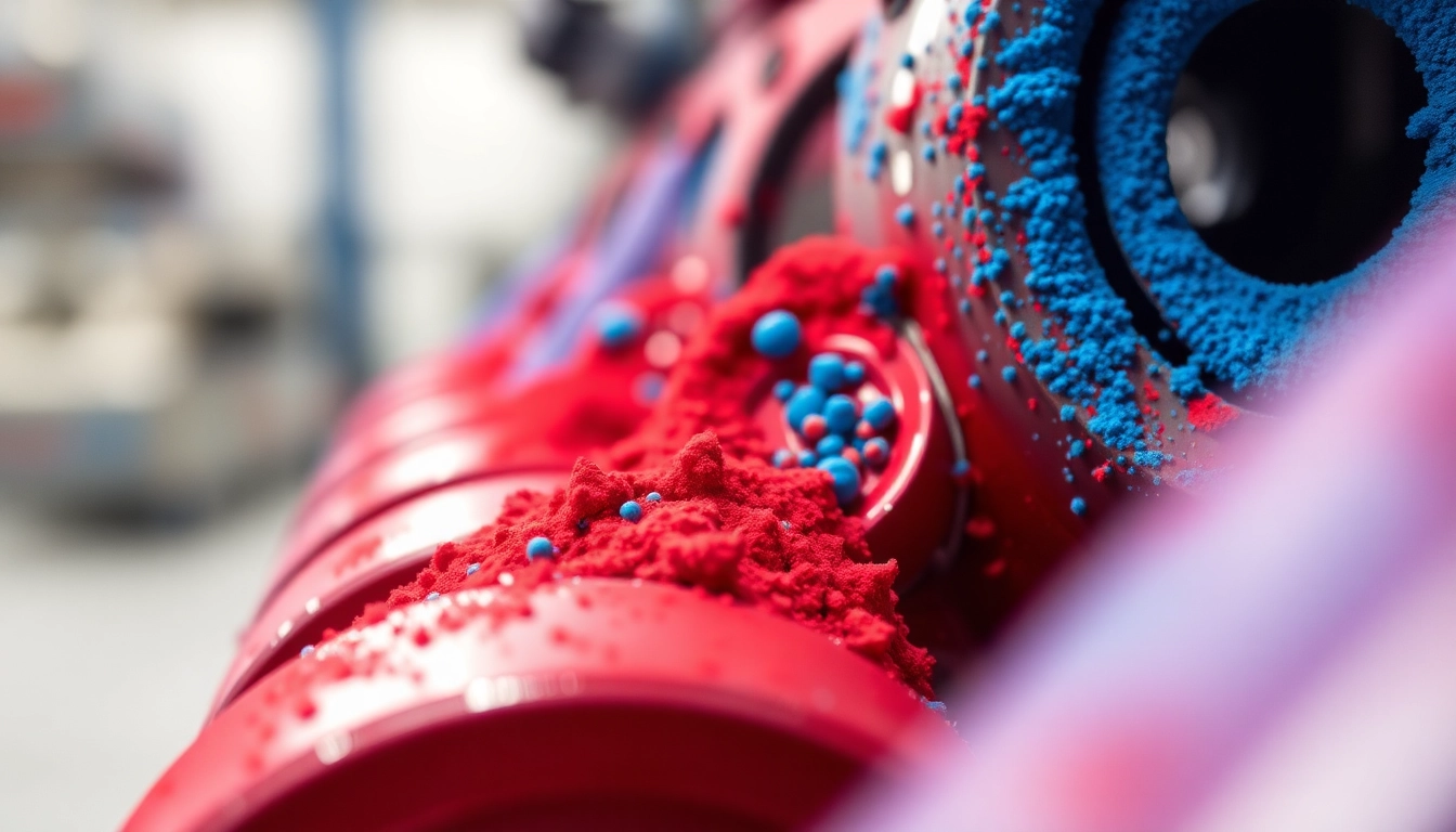 Powder coating process displaying vivid red and blue hues on metal parts for durable finishing.