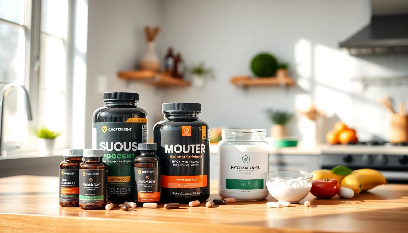 Showcase dietary supplements arranged beautifully on a wooden counter, emphasizing health and wellness.