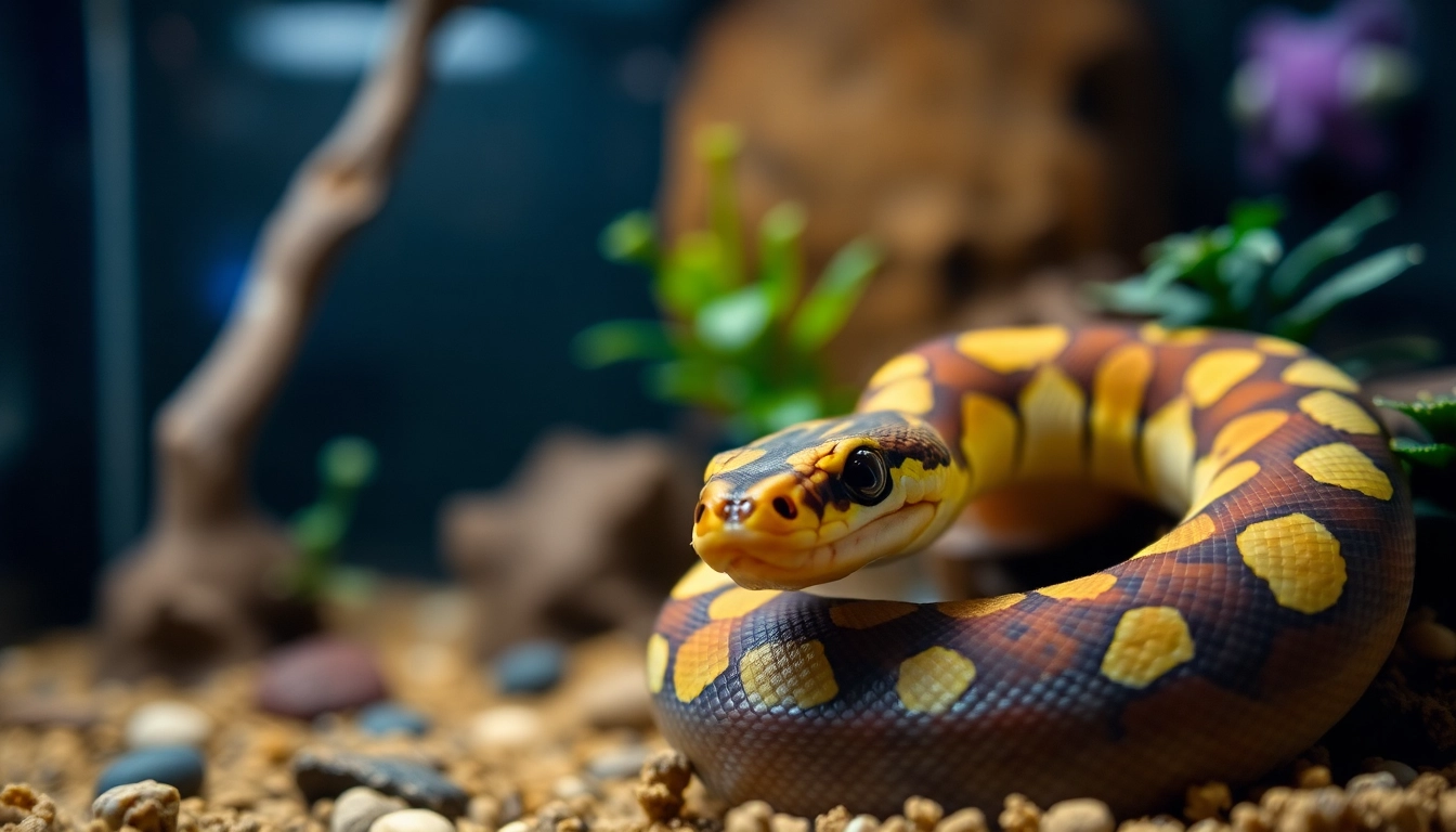 Baby ball python curled peacefully in a terrarium with organic decor and soft lighting, showcasing its vibrant colors.