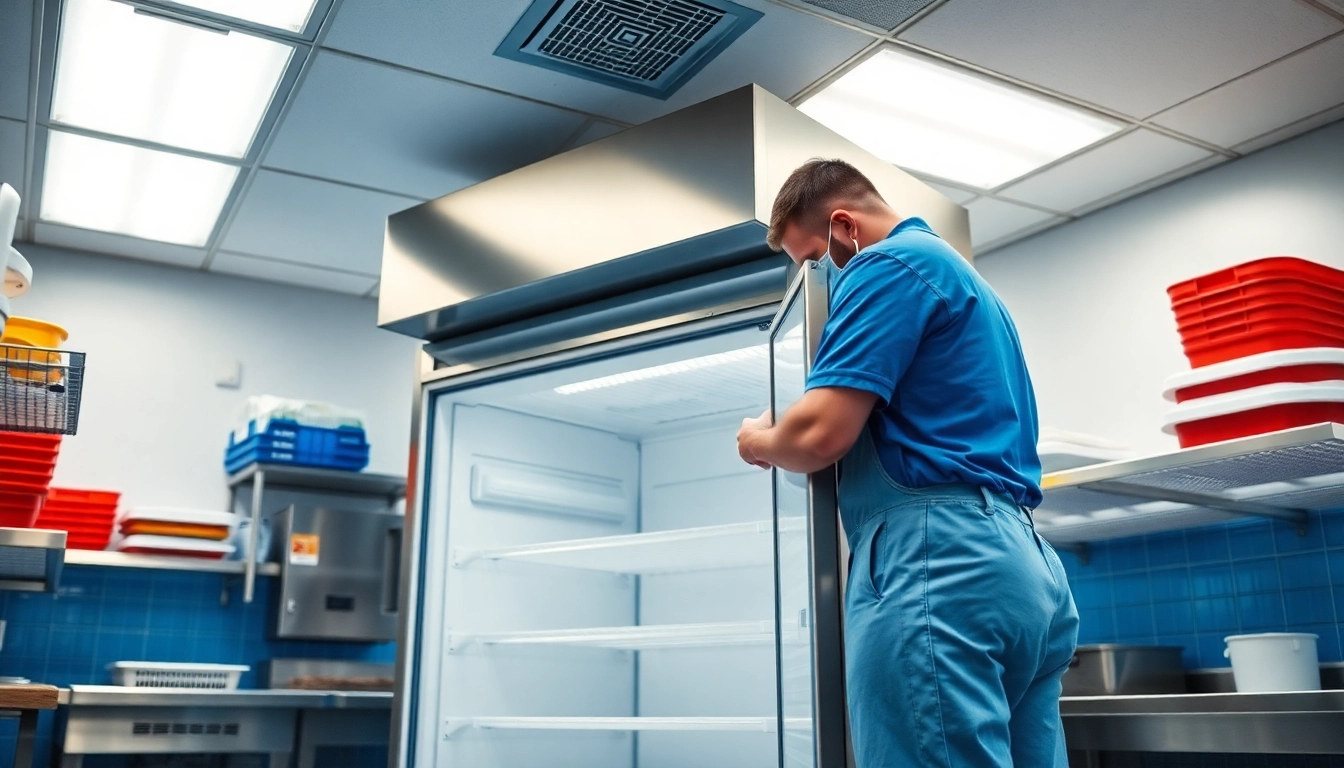 Technician performing walk in cooler repair in a commercial kitchen setting, showcasing professional service.