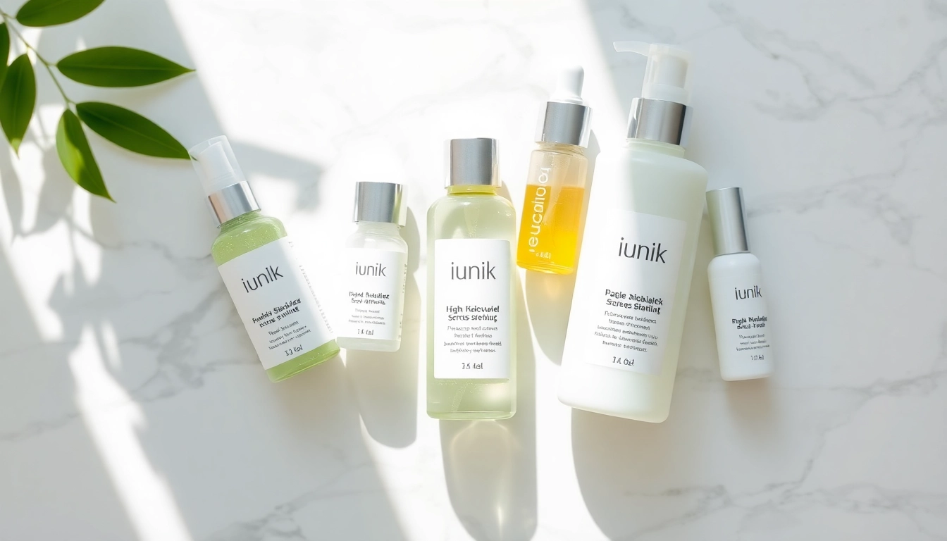 Shop premium iUNIK skincare products for optimal hydration and care, featuring vibrant packaging on a marble background.