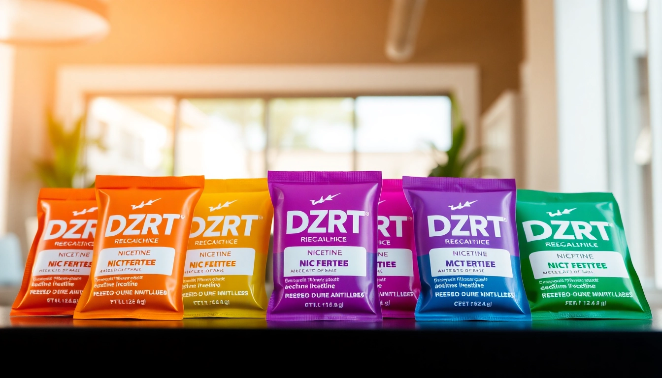 Experience the refreshing flavors of DZRT Bahrain nicotine pouches, showcasing vibrant designs and distinctive colors.