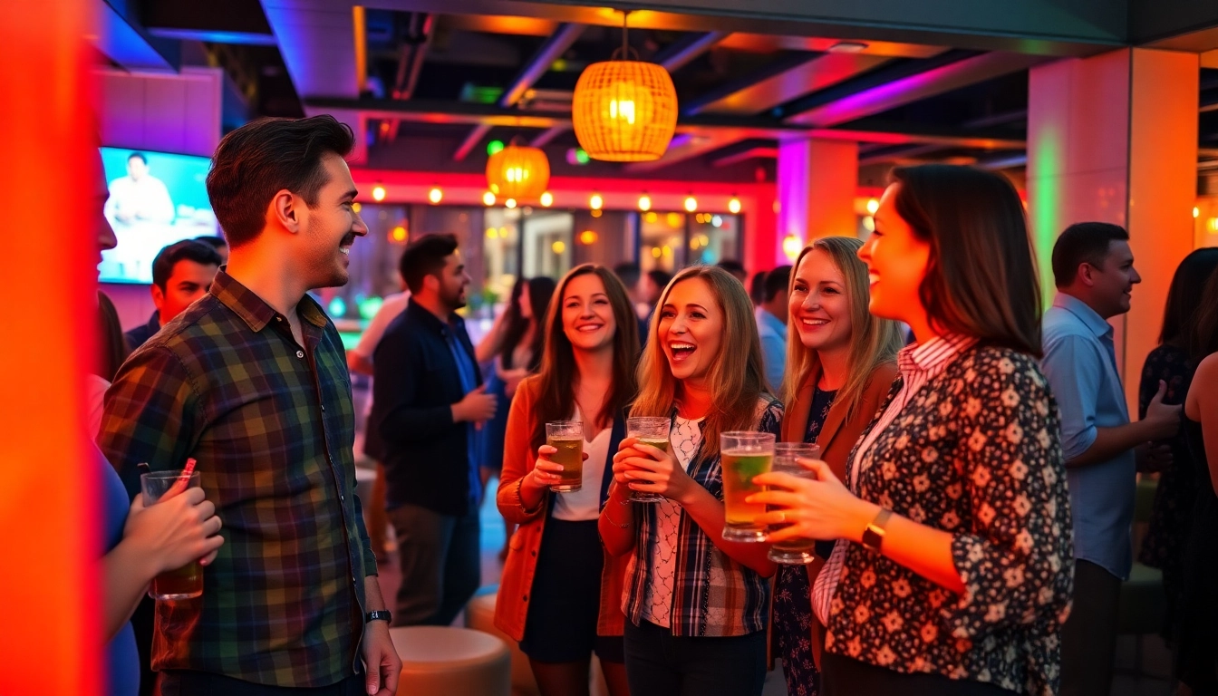 Join the vibrant atmosphere of an After Work Party with colleagues mingling in a lively venue.