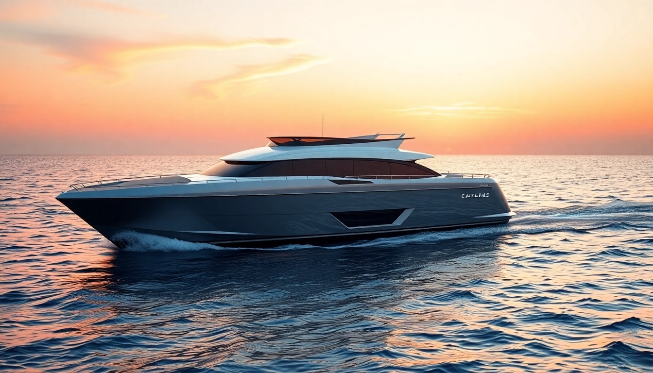 A cruising boat sailing effortlessly on tranquil waters during a vibrant sunset, showcasing its elegant design and craftsmanship.