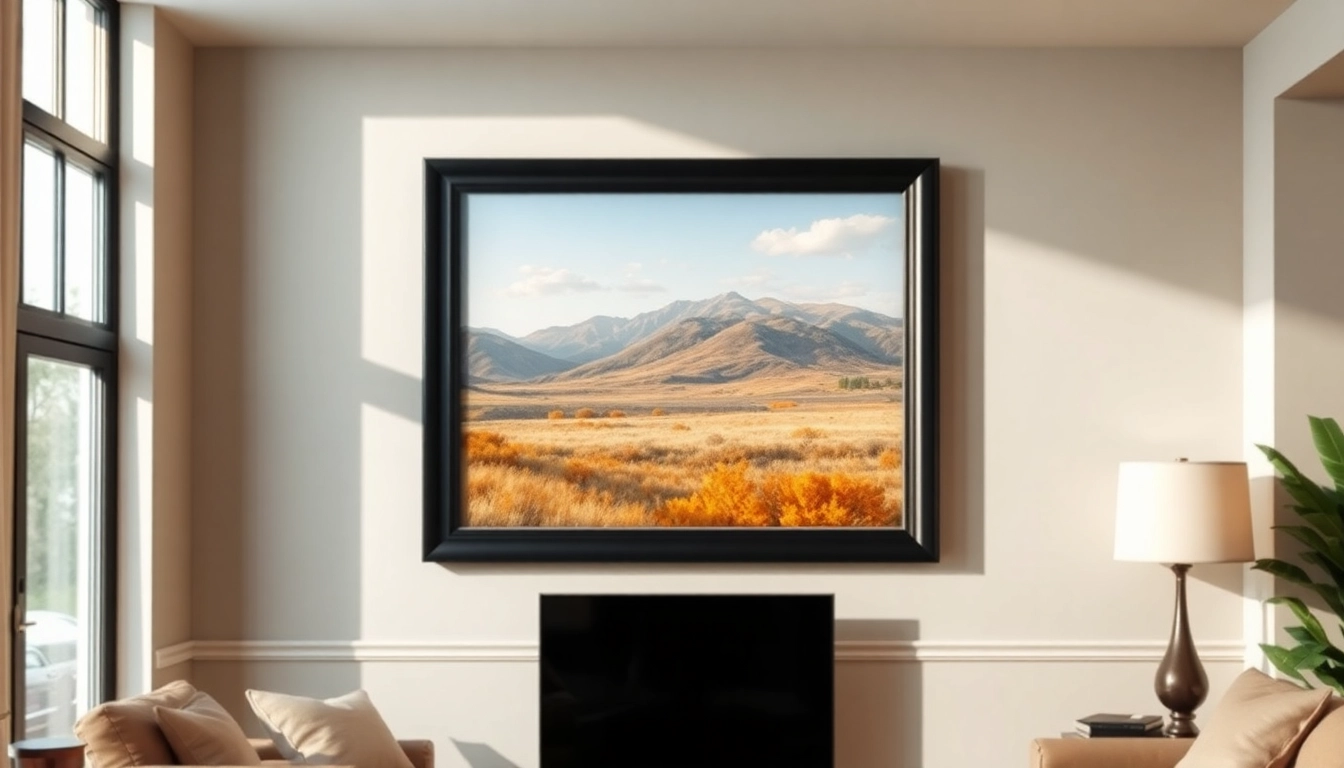 Showcase a 24x36 frame featuring vibrant art against a softly blurred background.