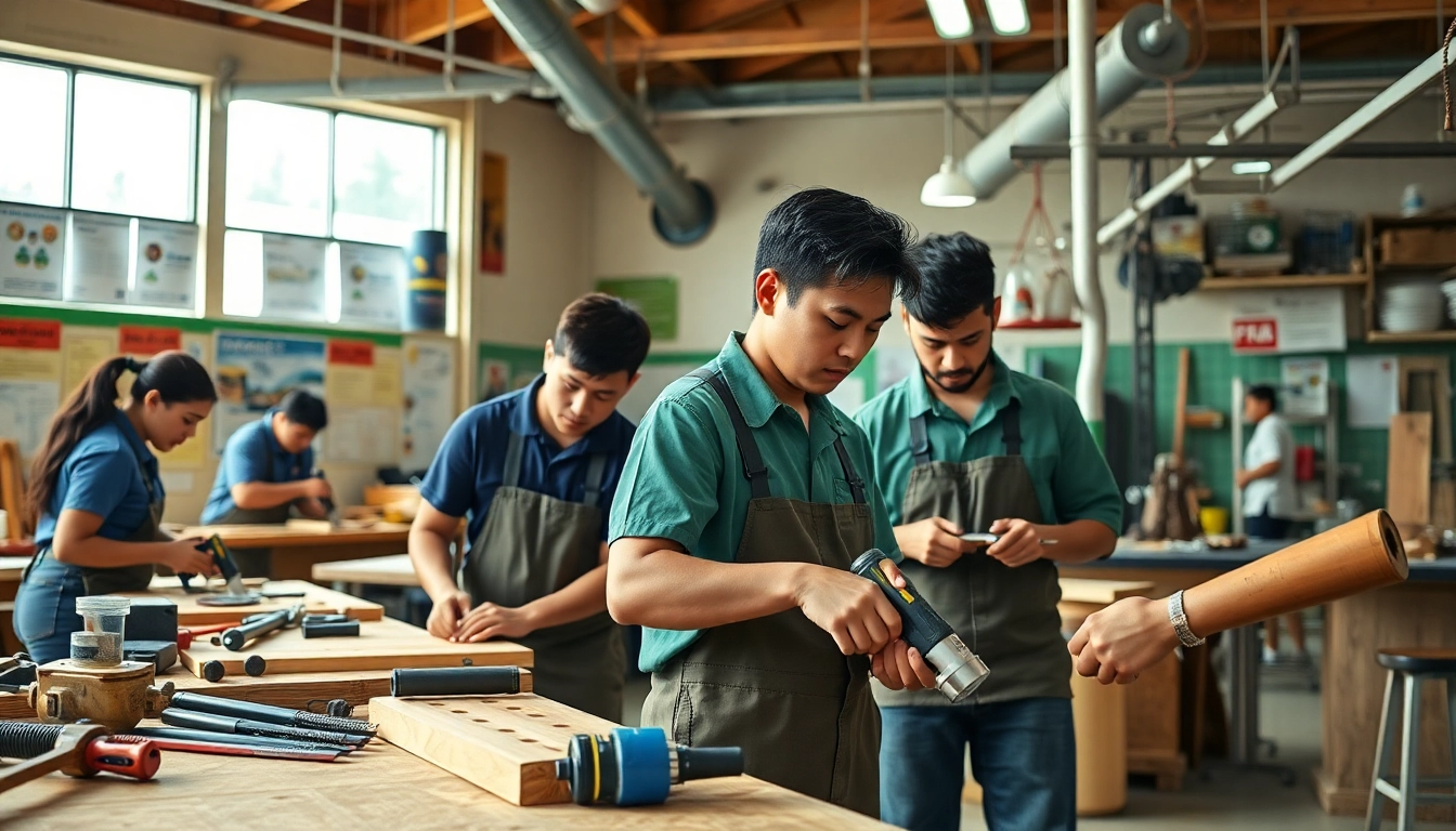 Students actively participating in hands-on training at hawaii trade schools, learning trades like carpentry and plumbing.