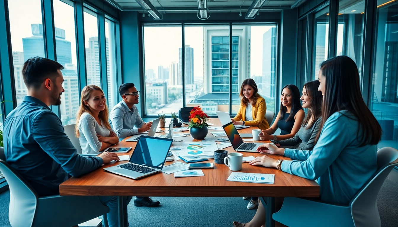 Team collaborating on Social Media Marketing strategies in a bright office environment.