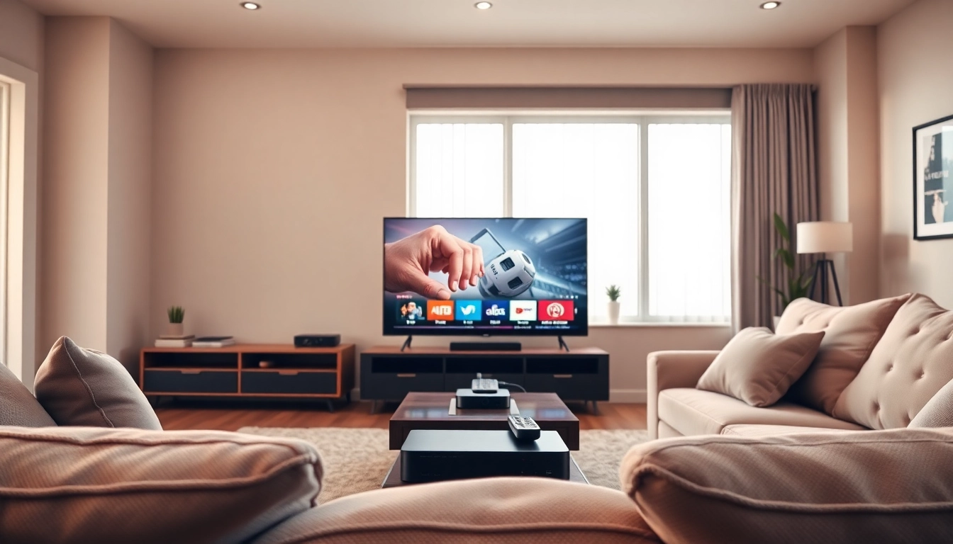 Showcase of an IPTV provider in the UK with a modern setup in a stylish living room.