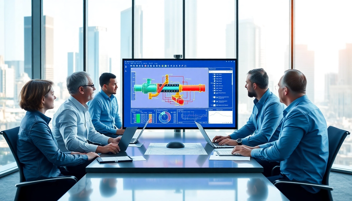 Engineers from a pipe stress Company discussing analysis in a bright modern office.