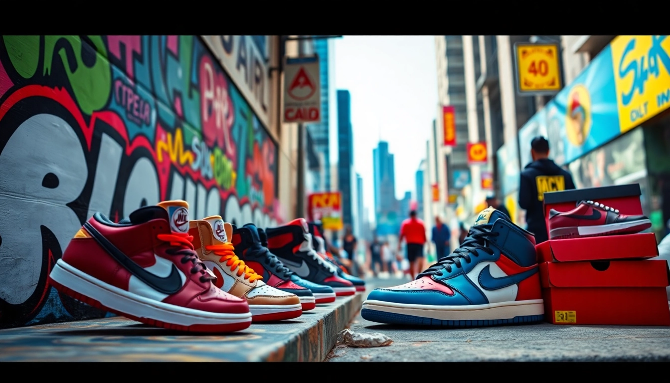 Sneaker reps on display, showcasing vibrant styles against an urban backdrop.
