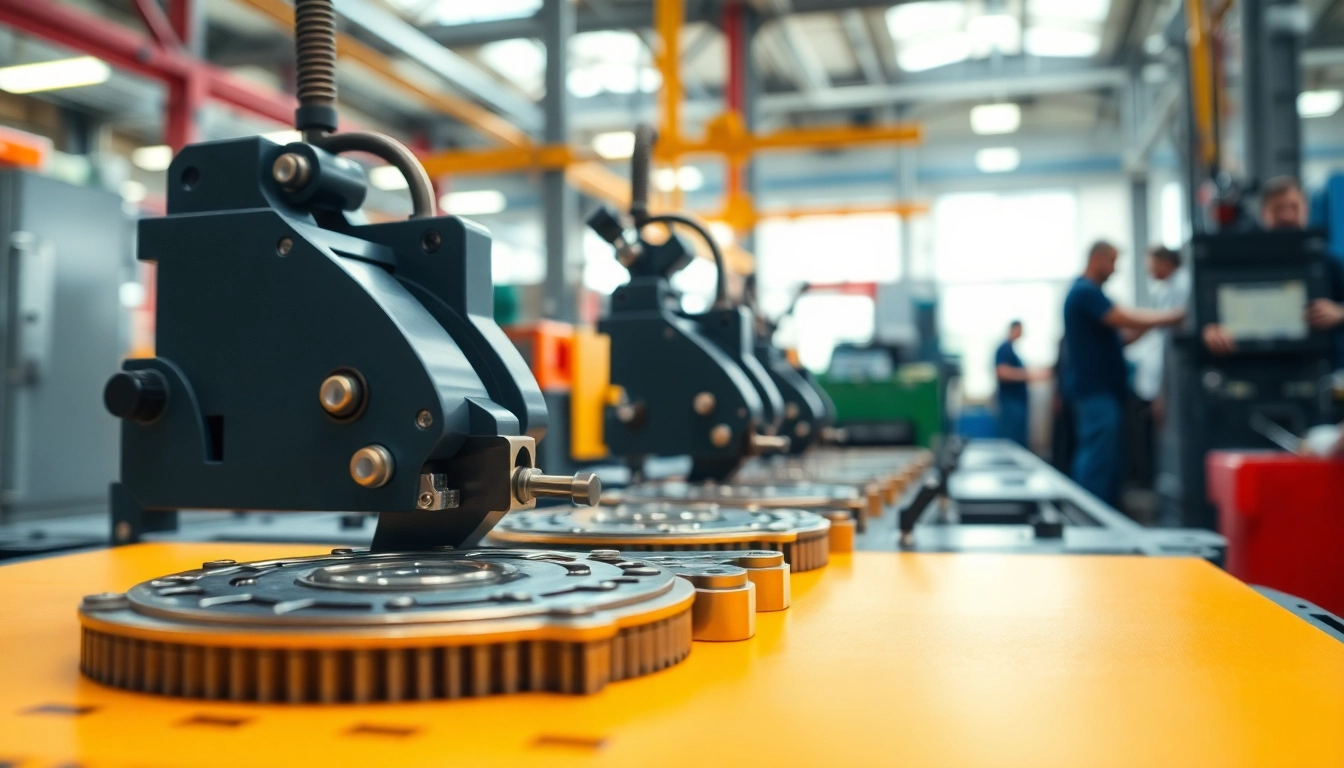 Precision die cutting machinery showcasing detailed components in a busy manufacturing setting.