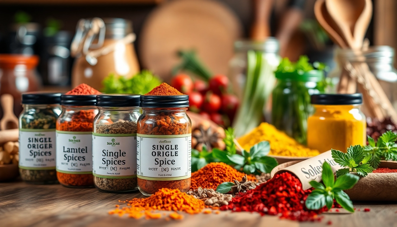 Showcasing vibrant Single Origin Spices in jars, emphasizing variety and freshness on a wooden table.