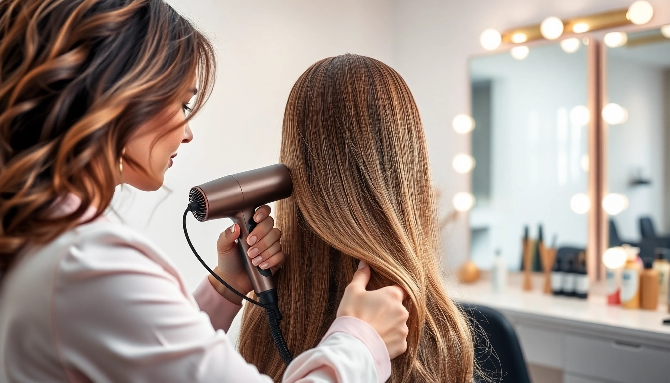 Using a hair dryer for fine hair with professional styling in a modern salon setting.
