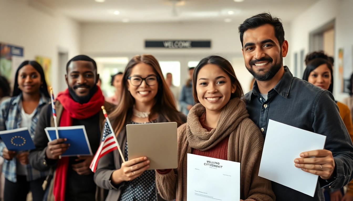 Citizenship application process highlighted with hopeful individuals and community spirit.