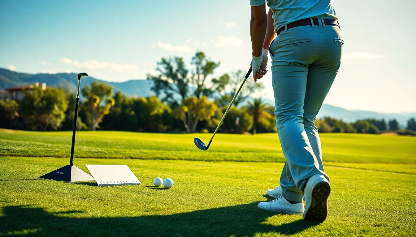Golfer demonstrating effective golf training aids while in mid-swing on a driving range.