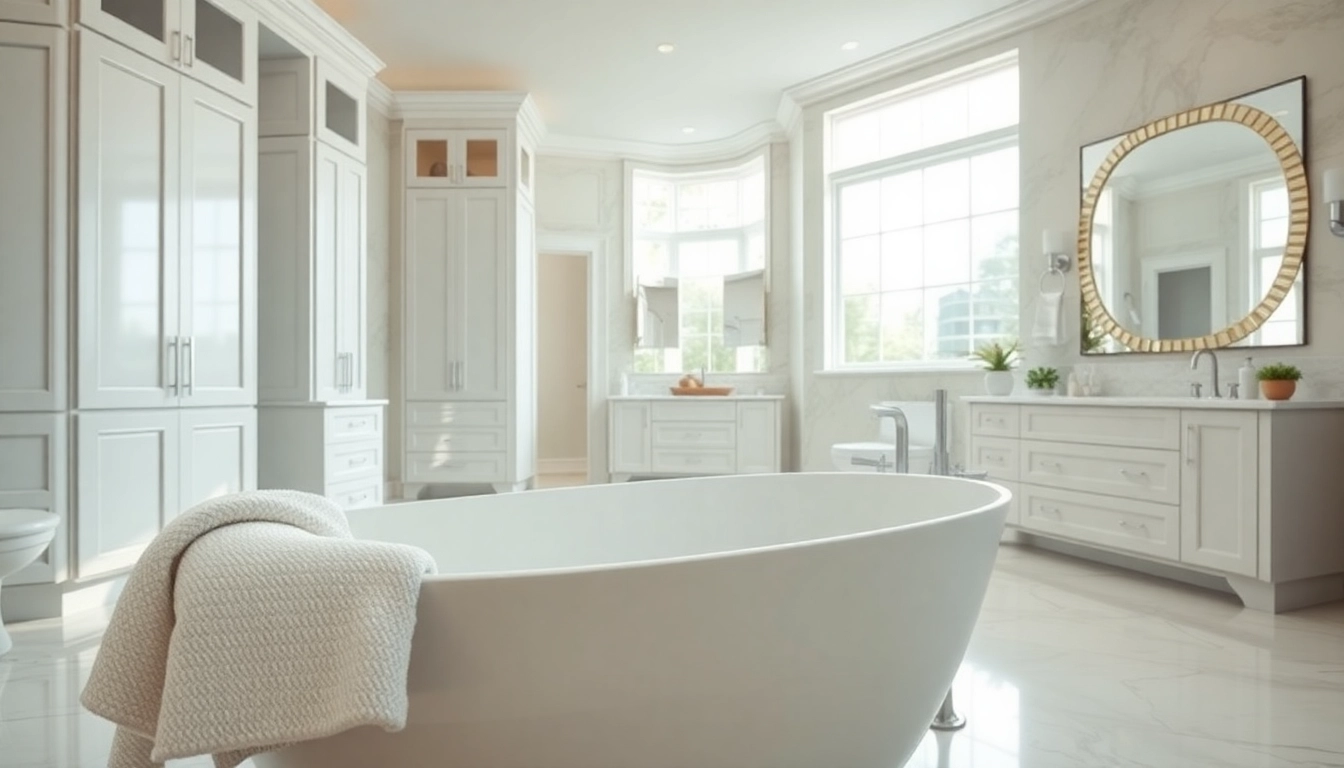 Bathroom remodeling features a sleek freestanding bathtub and modern fixtures in a bright setting.