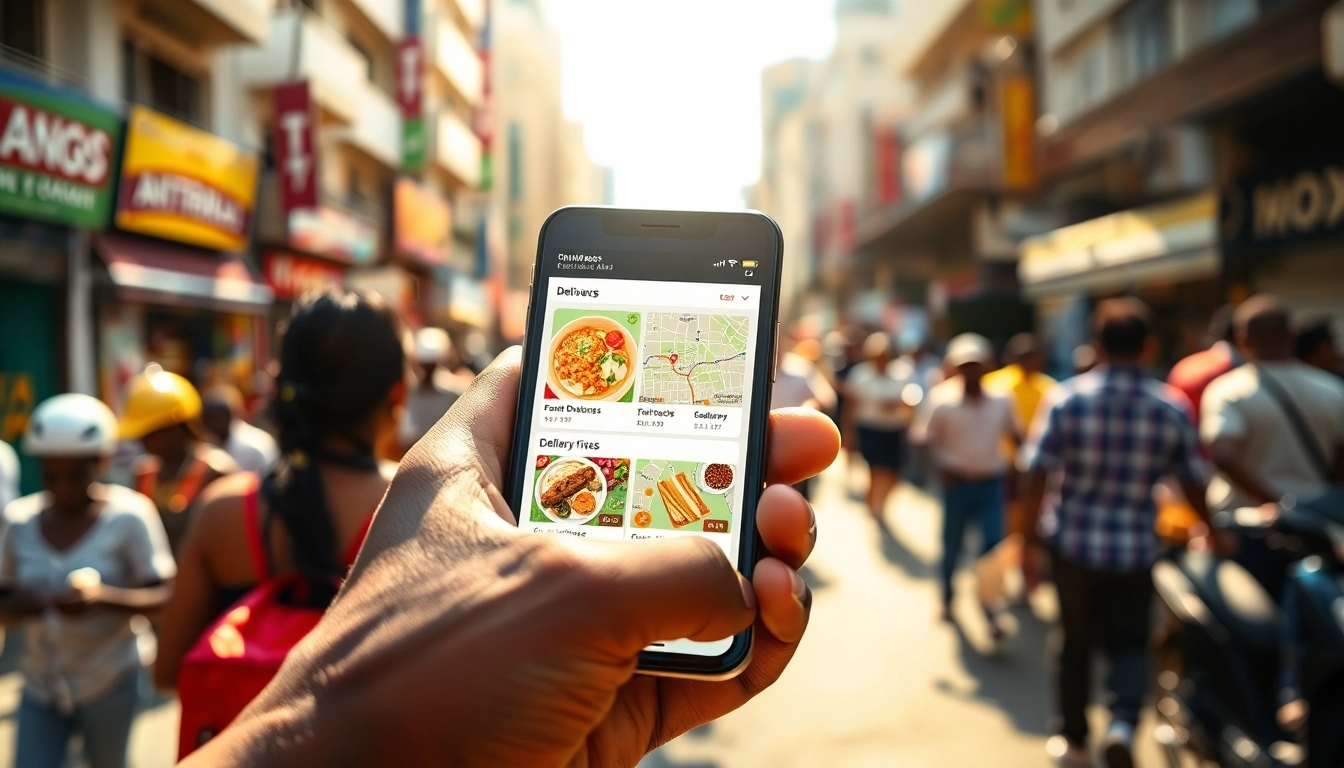 Engaging smartphone interface for delivery apps in Lagos, showcasing vibrant food and delivery maps.