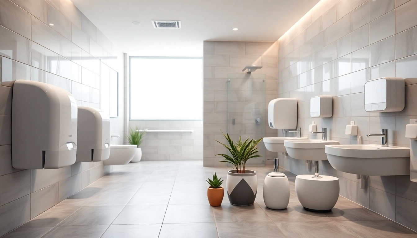 Showcase of commercial restroom supplies including hand dryers and dispensers in a modern bathroom.