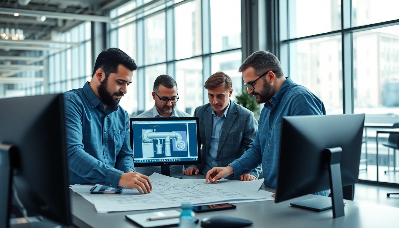 Engineers at a pipe stress Company collaborating on analysis using advanced software.