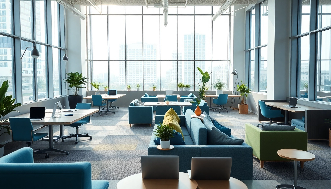 Engaging voffice atmosphere showcasing modern coworking spaces with bright lighting and inviting decor.
