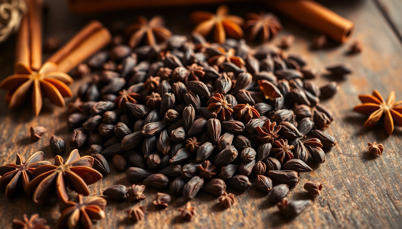 Cloves arranged beautifully with star anise and cinnamon, showcasing their rich textures.
