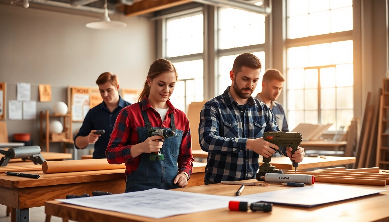 Students at construction trade schools in Texas actively learning and practicing with tools in a workshop environment.