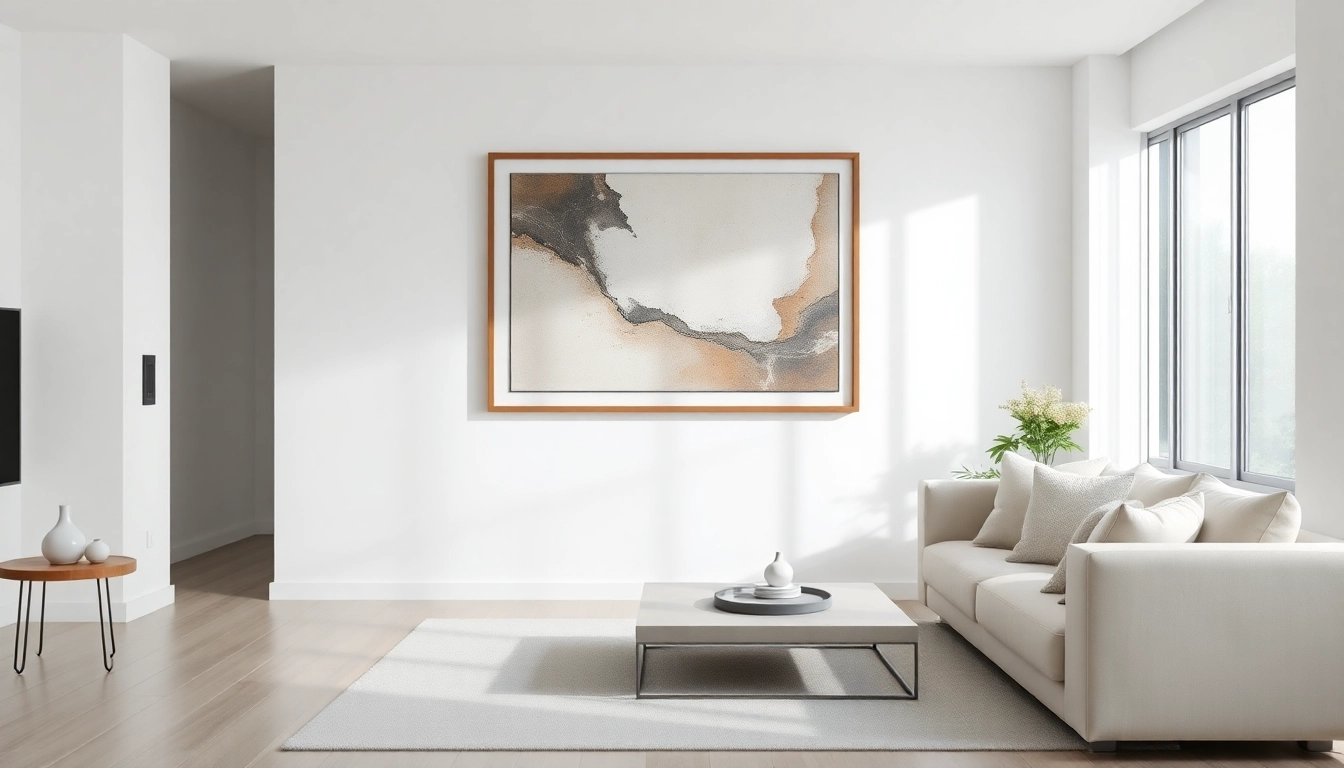 Beautifully showcased 24x36 frame enhances the modern living room's artistic atmosphere.
