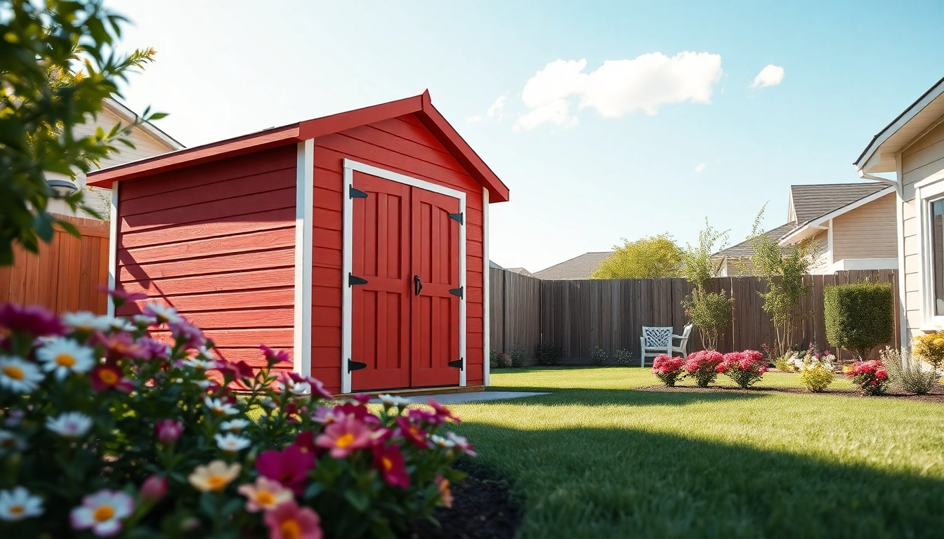 Showcase of custom built storage sheds nestled in a vibrant backyard with a colorful garden.