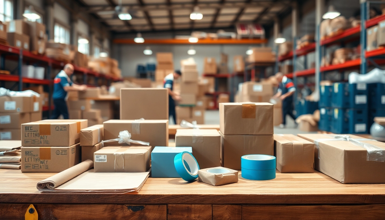 Showcasing packaging solutions with diverse boxes and materials for efficient logistics.