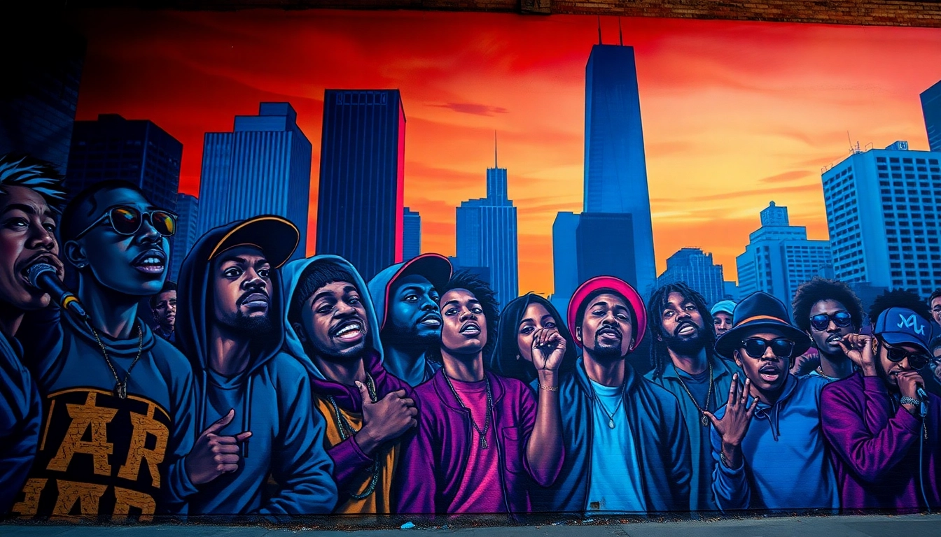 Artists performing underground rap Chicago in a vibrant urban mural setting.