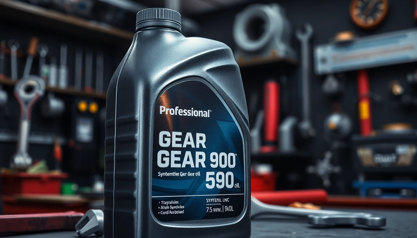 Showcasing synthetic gear oil 75w90 bottle in a mechanic's workshop environment.