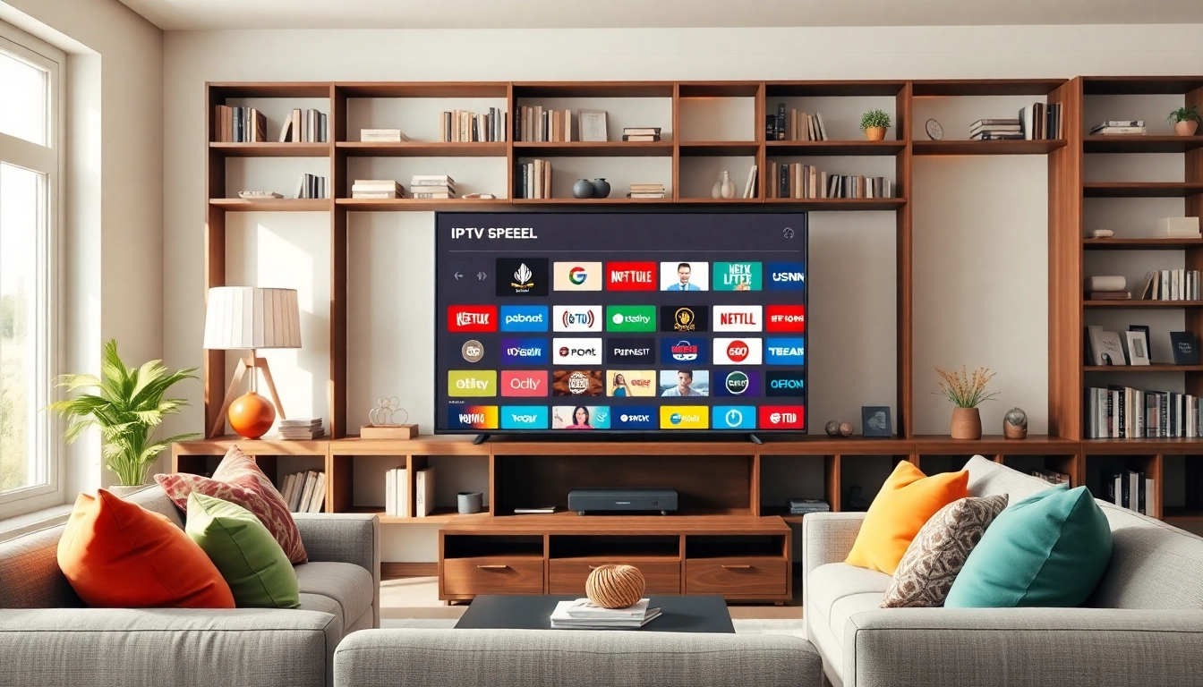 Experience a free trial IPTV subscription in a cozy living room with a modern TV setup.